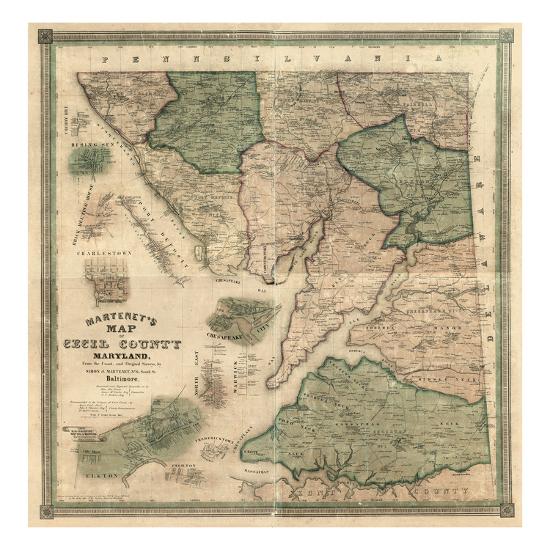 1858, Cecil County Wall Map, Maryland, United States Giclee Print at