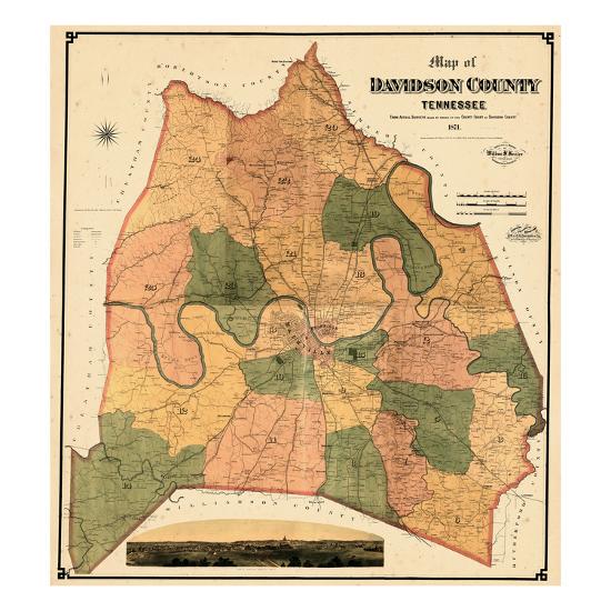 1871, Davidson County and Nashville Wall Map, Tennessee, United States