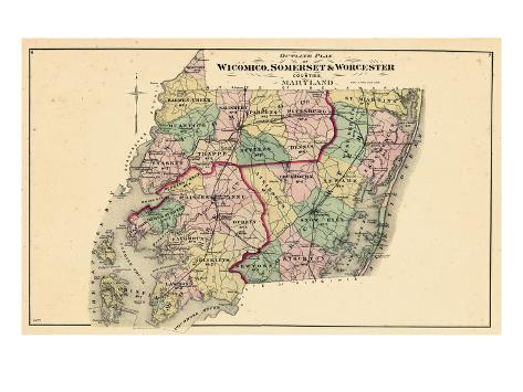 1877, Somerset Worcester Counties Map, Maryland, United States Giclee Print at