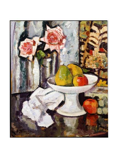 Still Life with Bowl of Fruit and a Vase of Pink Roses ...