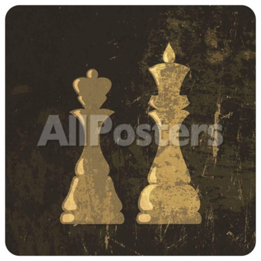 Grunge Illustration Of King And Queen Chess Figures Prints By