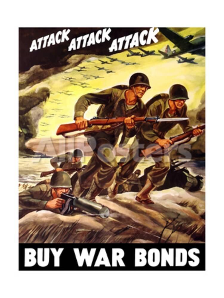World War II Propaganda Poster of Soldiers Assaulting a Beach with
