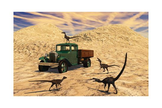 Velociraptors React Curiously To A 1930s American Pickup Truck