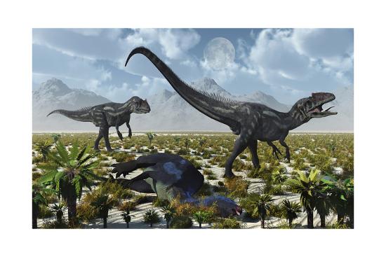 Download A Pair of Allosaurus Dinosaurs Kill a Camptosaurus Dinosaur Prints at AllPosters.com