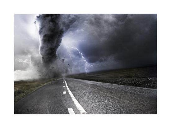 powerful tornado destroying property with lightning in the