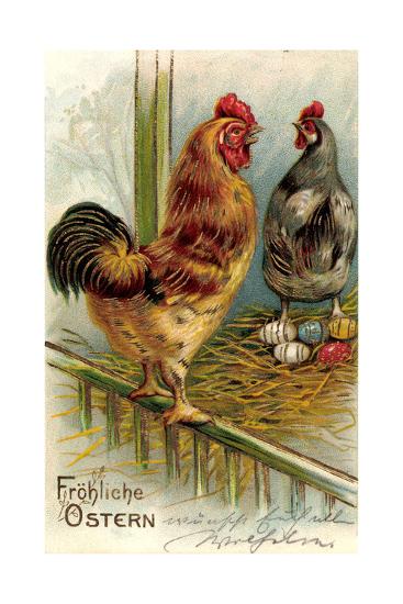 Prage Litho Gluckwunsch Ostern Huhner Legen Ostereier Giclee