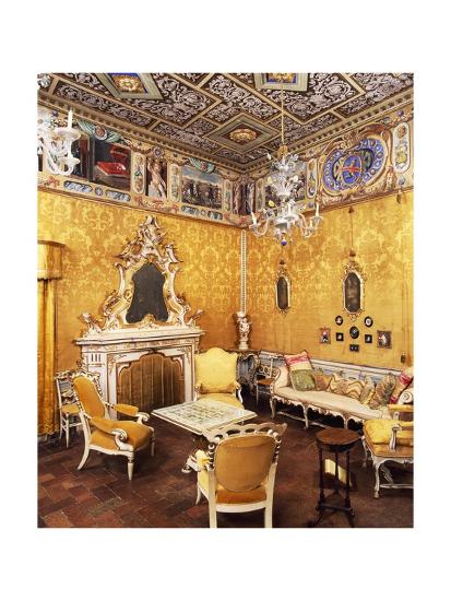Glimpse Of Yellow Living Room With Coffered Ceiling Painted Frieze By Simon De Magistris