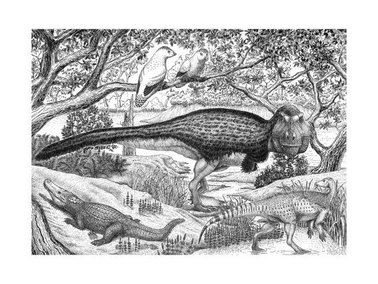 Black Ink Drawing Of Extinct Animals From The Hell Creek Formation
