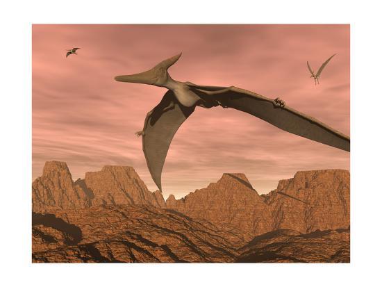 'Three Pteranodon Dinosaurs Flying Above Rocky Landscape' Art | AllPosters.com
