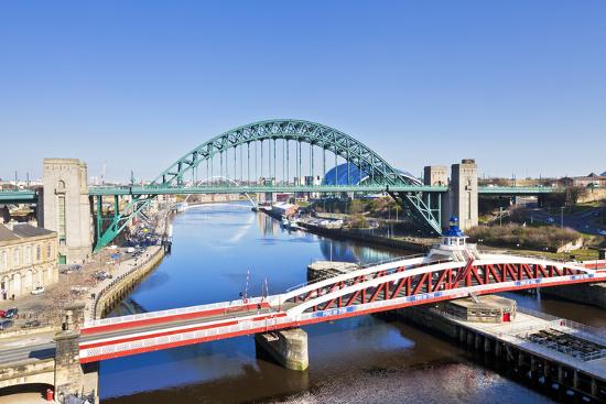 Newcastle Upon Tyne City With Tyne Bridge And Swing Bridge Over River Tyne