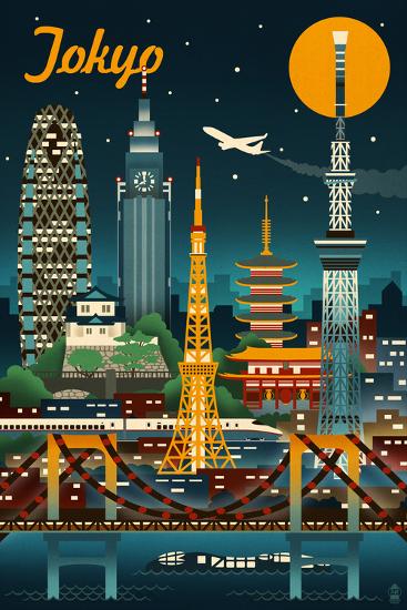 Tokyo, Japan - Retro Skyline Art by Lantern Press at ...
