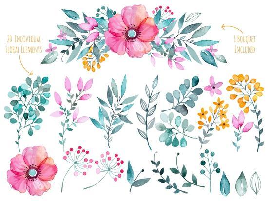 Vector Floral Set Colorful Purple Floral Collection With Leaves And Flowers Drawing Watercolor Art Katerinas Allposters Com