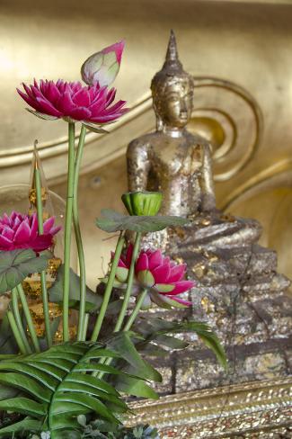 'Lotus Flowers, Golden Buddha Statue, Phra Mongkonbophit, Ayutthaya