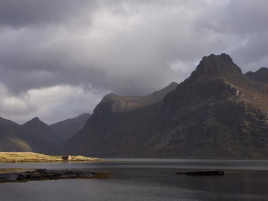 Red Hut On Bank Of Fjord Lofoten Islands Norway Scandinavia