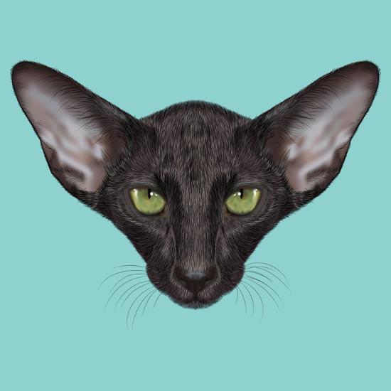 Illustrated Portrait Of Black Oriental Shorthair Cat Art By