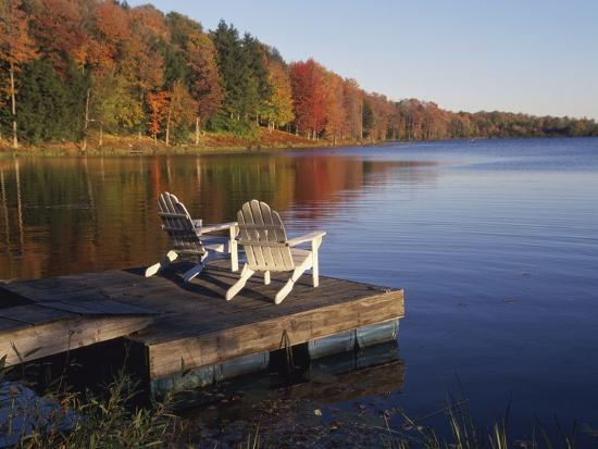 Adirondack Chairs on Dock at Lake Photographic Print by 