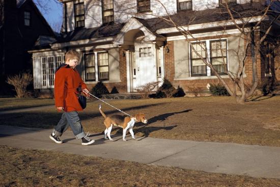 Boy Walking Dog on Sidewalk Photographic Print by William