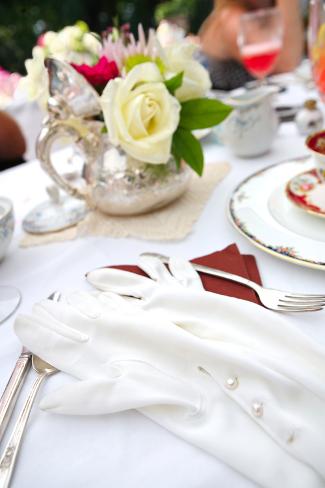 Table Setting With Vintage Gloves At A Tea Party Shallow Focus
