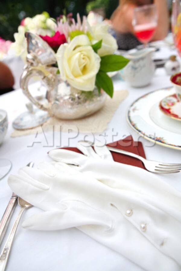 Table Setting With Vintage Gloves At A Tea Party Shallow Focus