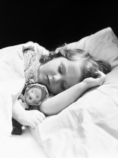 Girl Sleeping Head On Pillow Baby Doll Toy Under Arm