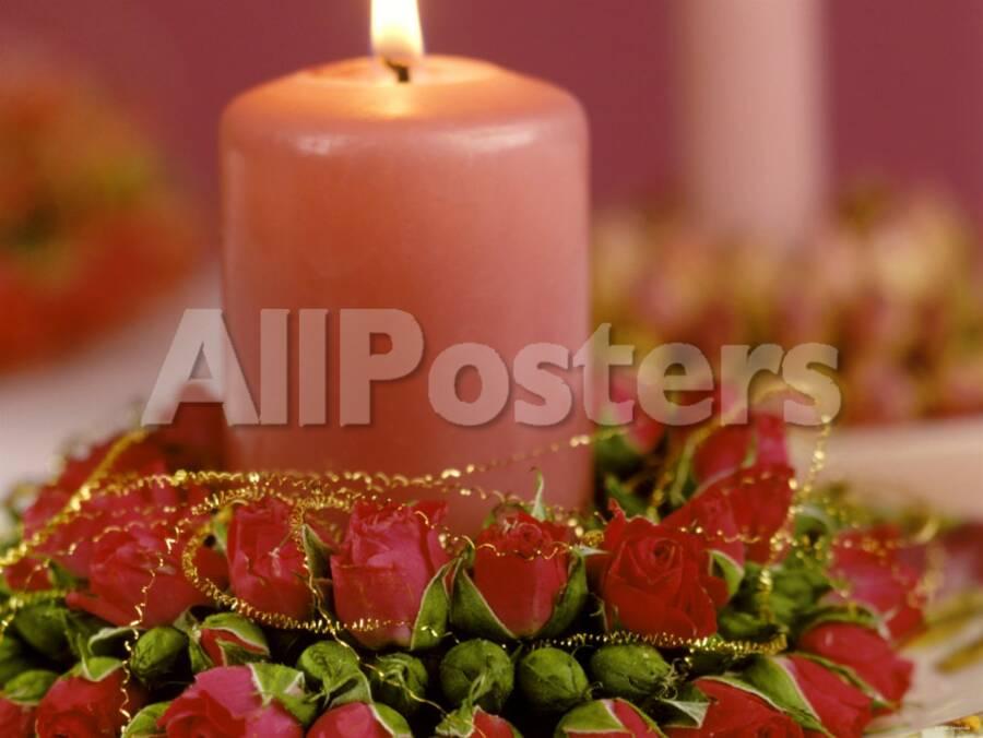Pink Candle With Wreath Of Rose Petals As Table Decoration