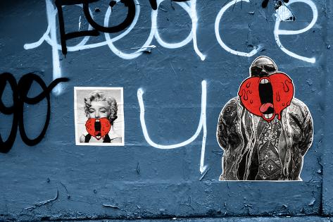 Marilyn Monroe And Biggie Graffiti On Blue Brick Wall In Brooklyn