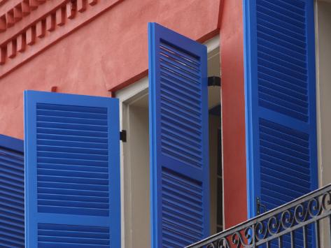 Open Blue Window Shutters On Ornate Building In New Orleans Louisiana
