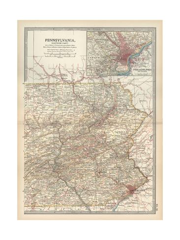 Map of Pennsylvania, Eastern Part. United States. Inset Map of Philadelphia and Vicinity Giclee