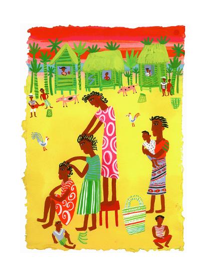 Women Braiding Hair In Traditional Village In Madagascar Africa