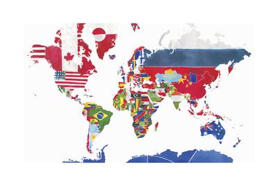 watercolor map of the world and national flags posters jennifer