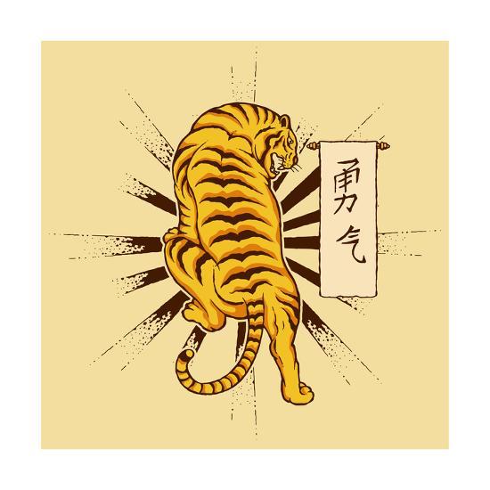 Vector Illustration Of Tiger With Vintage Tattoo Style And Japanese