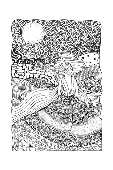 Download Young Girl with Long Hair. Beautiful, Long Dress in Zentangle Style. Adult Coloring Book Page in ...
