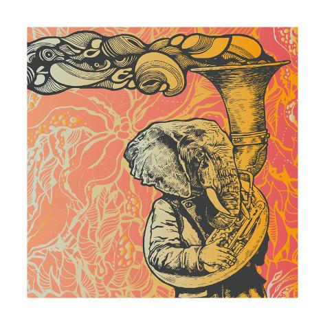 Elephant Trumpet on Abstract Floral Background. Retro Style. Vector