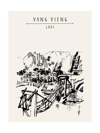 Wooden Bridge Mountains Riverside And A Guesthouse In Vang Vieng Laos Southeast Asia Vintage H Prints Babayuka Allposters Com