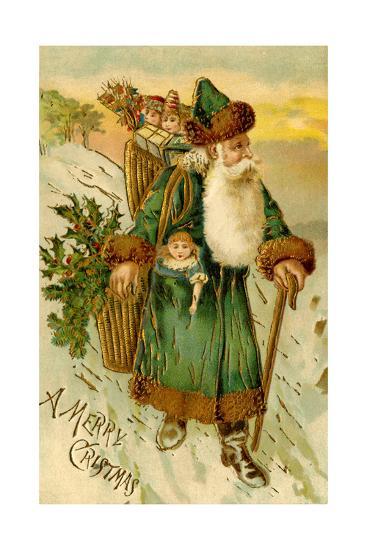 'Father Christmas Dressed in Green Carrying Baskets of Toys and Holly ...