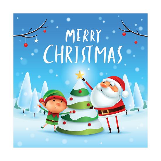 Merry Christmas Santa Claus And Elf Decorate The Christmas Tree