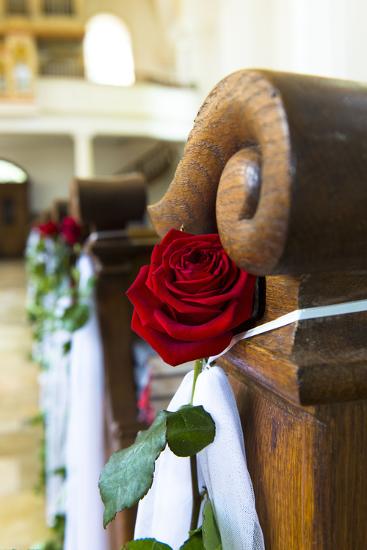 Church Benches Detail Rose Decoration For A The Wedding