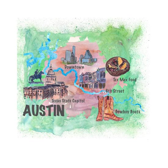 Austin Texas Travel Poster Favorite Map Touristic Highlights Posters by ...