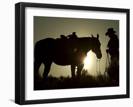 Cowboy With His Horse at Sunset, Ponderosa Ranch, Oregon, USA-Josh Anon-Framed Photographic Print