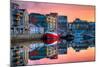 Morning View On Row Of Buildings And Fishing Boats In Docks, Hdr Image-rihardzz-Mounted Art Print