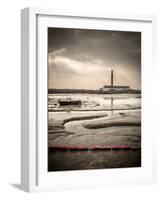 Fawley power station, a boat and a creek meandering through the mudflats all lit by a broken sky, H-Matthew Cattell-Framed Photographic Print