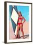 Gidget with Long Board, Retro-null-Framed Art Print