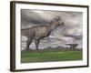 Tyrannosaurus Rex Growling as a Fellow T-Rex Runs Away-null-Framed Art Print