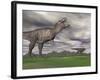 Tyrannosaurus Rex Growling as a Fellow T-Rex Runs Away-null-Framed Art Print