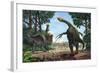 A Therizinosaurus Prevents a Young Tarbosaurus in His Hunt for Gallimimus-null-Framed Art Print