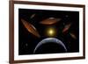 A Fleet of Flying Saucers Arriving at Earth in Preparation of an Attack Against Humanity-null-Framed Art Print