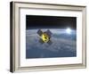 Acrimsat Satellite Orbiting Earth and Rising Sun-null-Framed Art Print