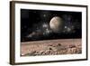 A Moon Rises over a Rocky and Barren Alien Landscape-null-Framed Art Print