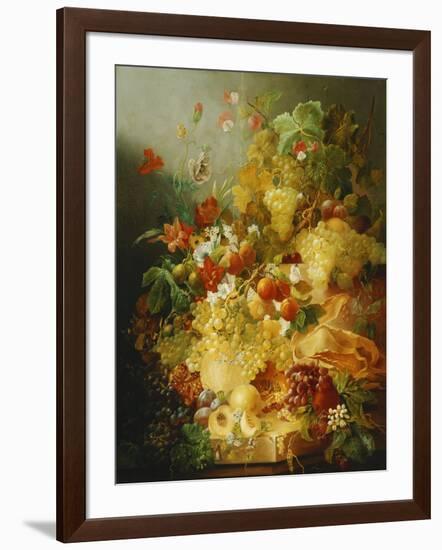 Peaches, Melons and Grapes with Sweet Peas and Poppies on a Stone Ledge-Jan Waarden-Framed Giclee Print