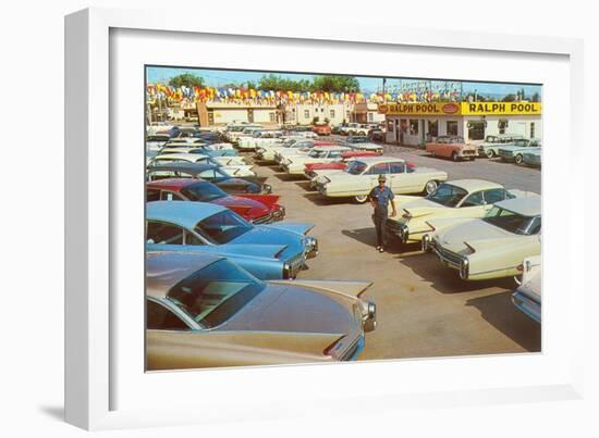 Used Car Lot, Lots of Fins-null-Framed Art Print